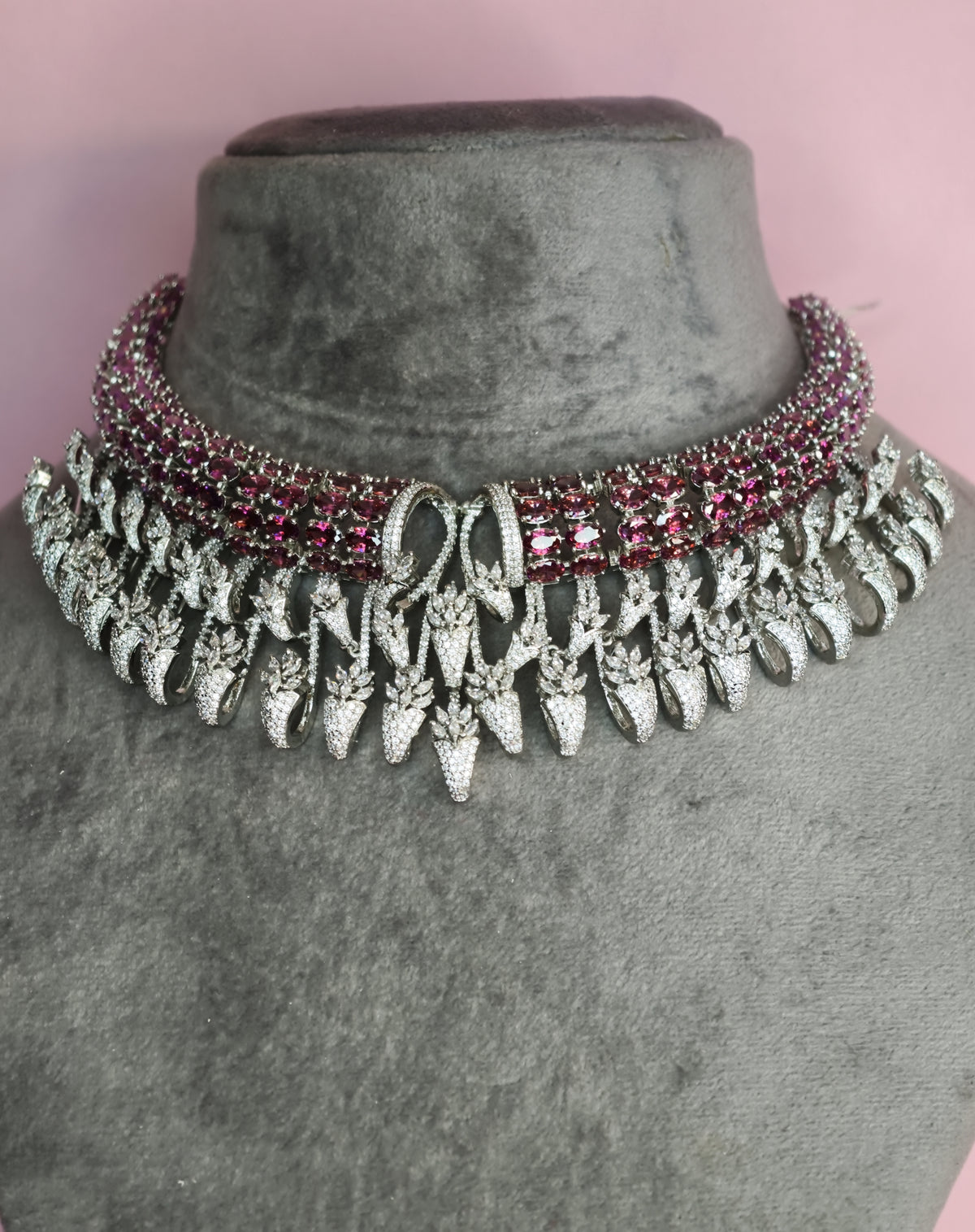 Ruby Zircon Fringe Choker Necklace