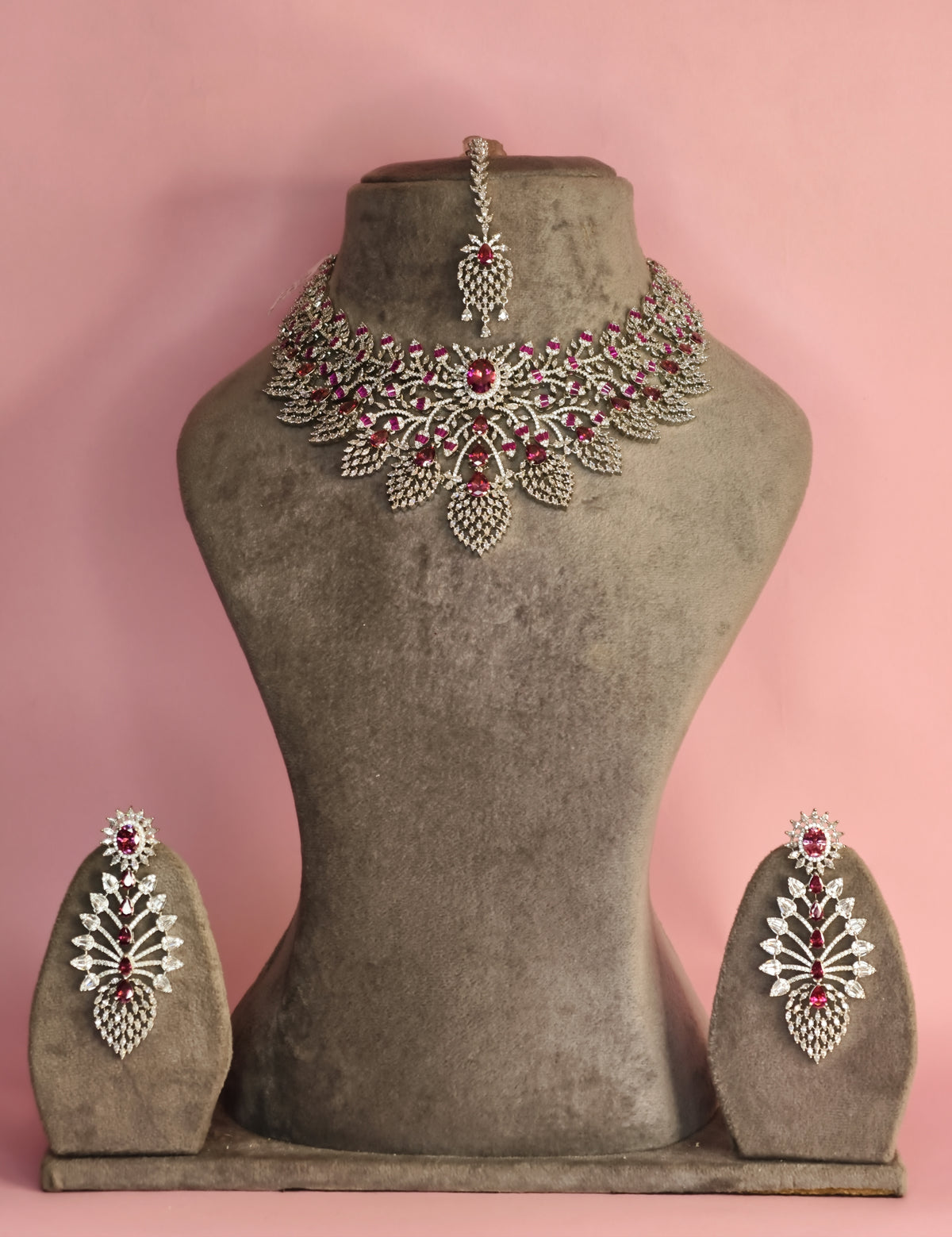 Ruby Zircon Cascade Necklace Set