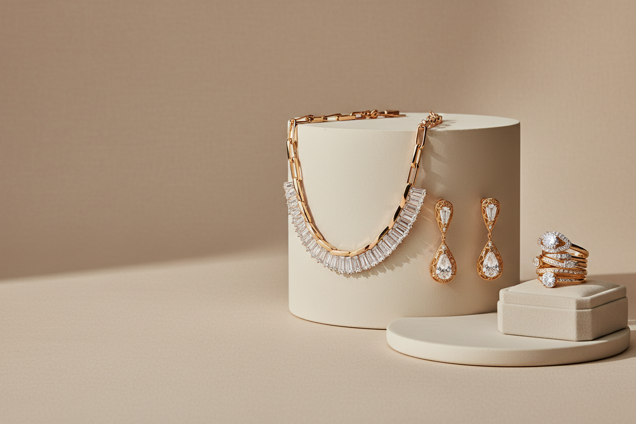 A premium luxury jewellery hero banner image featuring elegant gold and diamond jewellery displayed on a soft neutral background. The jewellery looks realistic and high-end, with natural reflections, fine detailing, and a polished finish. Soft studio lighting with gentle shadows creates a live, professional photoshoot feel. Minimal, clean composition with ample empty space for website text overlay. Modern, sophisticated, and timeless aesthetic suitable for a luxury jewellery website homepage. Ultra-realisti
