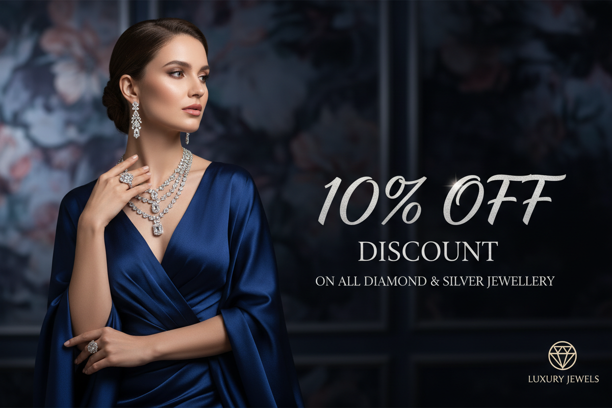 generate 10 percent discount jewellery image and make text align to the right side of banner and add women wearing dimond and silver o it